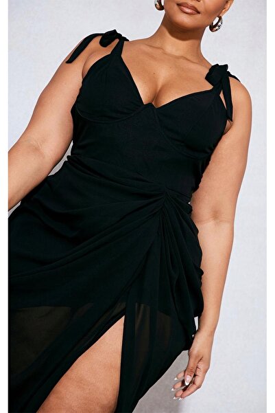 NO BRAND Rochie neagră asimetrică cu drapaje, tip pelerină, prettylittlething 46