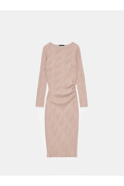 NO BRAND Rochie Midaxi Bej Texturată Mânecă Lungă Croială Dreaptă Clasic XXS