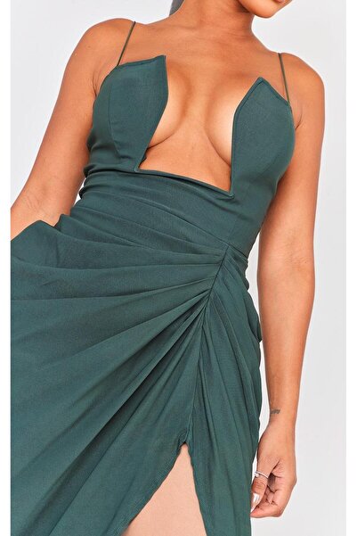NO BRAND Prettylittlething Rochie verde Midaxi cu bretele și drapaje 40