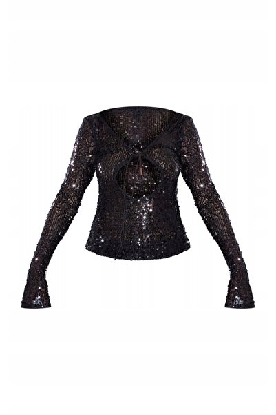 NO BRAND Top elegant negru cu paiete, cu mânecă lungă și șnur, Prettylittleth...