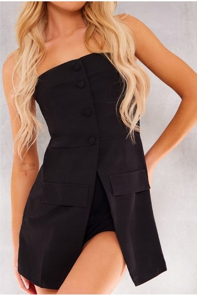 NO BRAND Salopetă scurtă neagră, cu nasturi, guler, fără mâneci, BOOHOO 38, B...