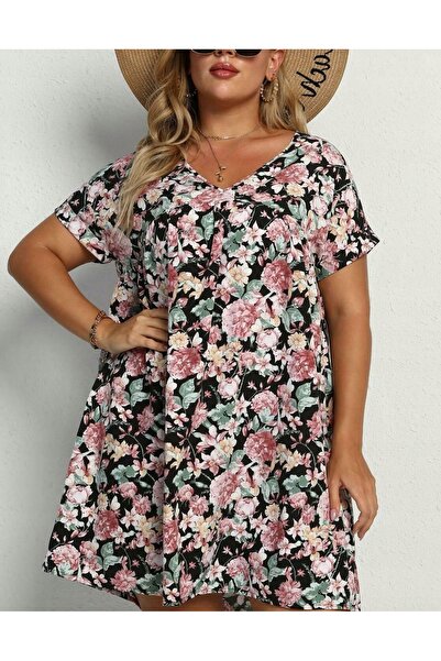 NO BRAND Rochie neagră, lejeră, dreaptă, cu mâneci scurte, imprimeu floral, d...