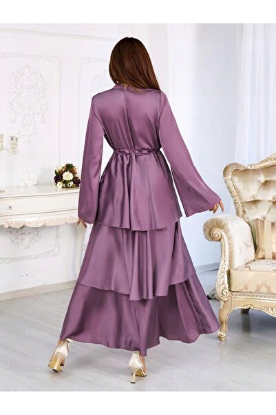 NO BRAND Rochie maxi mov evazată, cu mâneci lungi, volane, cu șnur, Shein 40