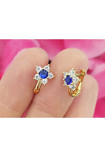 NO BRAND Cercei de aur pentru copii 585 cu flori de safir pe închizătoare eng...