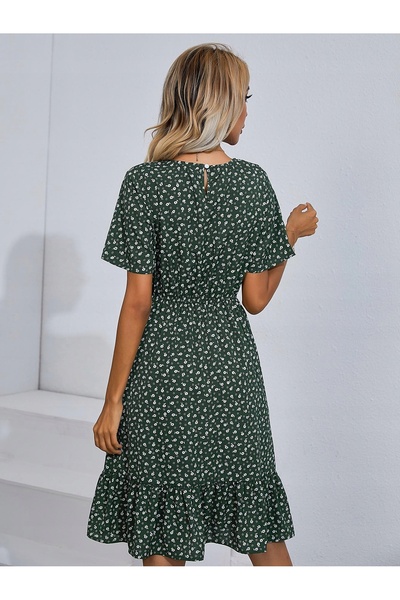NO BRAND Rochie verde simplă, stil boho, cu imprimeu floral, mânecă scurtă și...