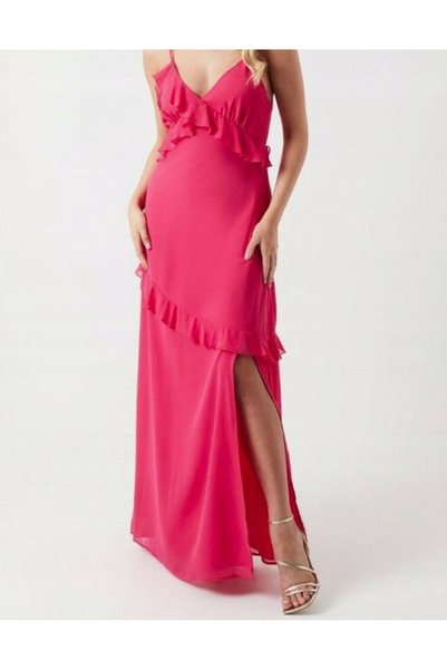 NO BRAND Rochie de cocktail maxi roz din șifon cu volane Simple Oasis 36