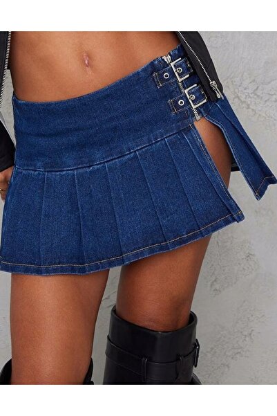 NO BRAND Prettylittlething fustă clasică din denim bleumarin cu șliț 42