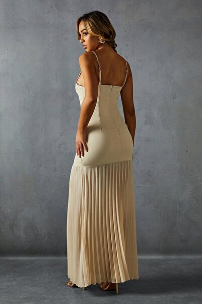 NO BRAND Rochie maxi bej cu bretele, tiv plisat, clasică Misspap 40