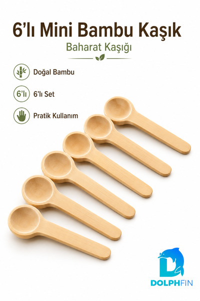 DolphFin 6’lı Mini Bambu Baharat Kaşığı Seti Doğal Ahşap Sunum Kaşığı