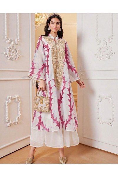 NO BRAND Rochie Albă Simplă Largă Maxi Roz Auriu Design Brodată Guler Înalt S...