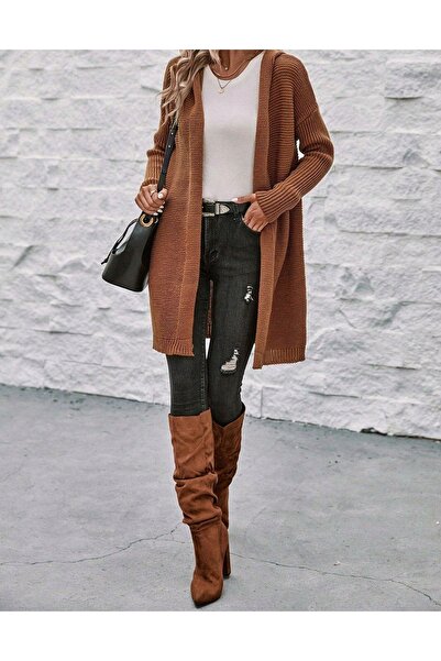 NO BRAND Cardigan maro, peste genunchi, cu glugă, pulover larg tip cover-up, ...
