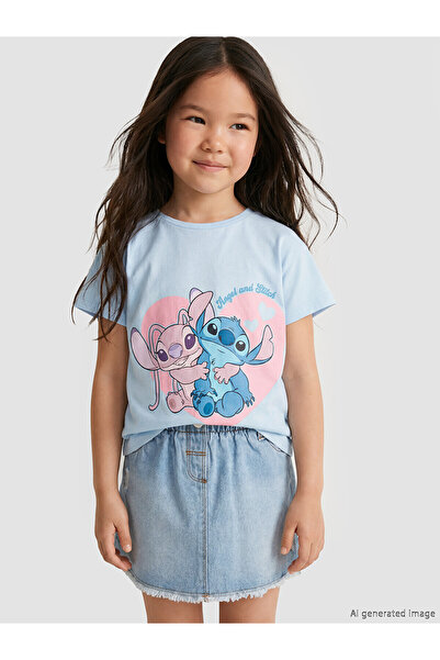 LC Waikiki Trendlucky Girls' Combed Cotton T-Shirt with Lilo & Stitch Print