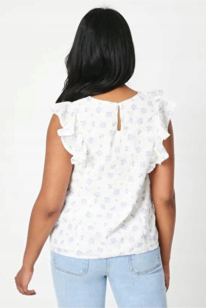 NO BRAND Tricou alb texturat cu flori albastre, mâneci scurte, Oasis 36