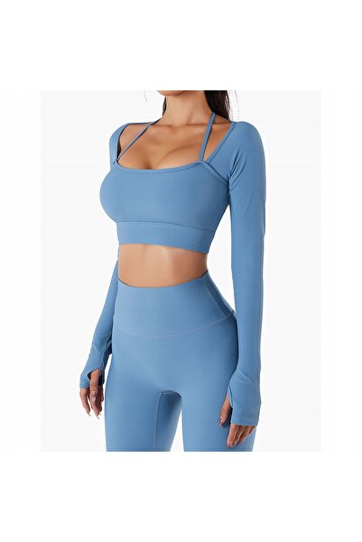 NO BRAND Bluzka Top Scurt Elastic Modern cu Mânecă Lungă, Mărimea S, Albastru
