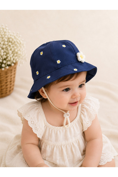 Minimissbaby Navy Blue Daisy Patterned Poplin Fabric Baby Girl Hat