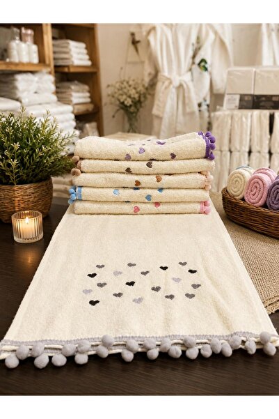 QS QUEEN STELLA HOME Ponponlu 6 adet kalp nakışlı 30x50 mutfak havlusu