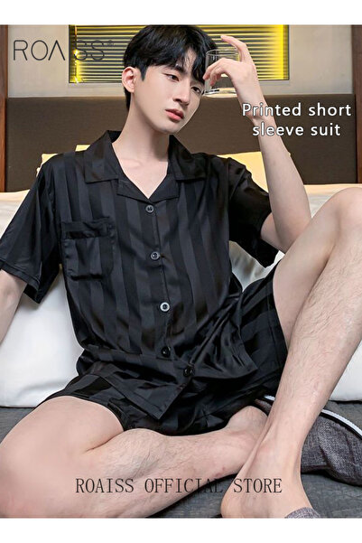 ROAISS Men's 2 Piece Loungewear Set Black Striped Short Sleeves & Shorts Ice ...