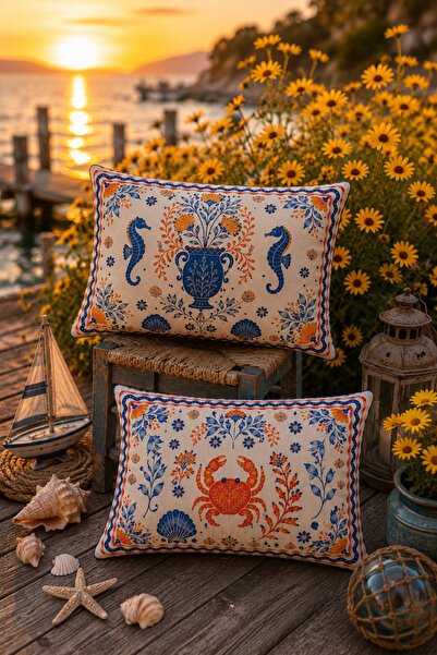 SasoHome Marin Konsept Dekoratif Kırlent Kılıfı 2'li 35x55 cm Deniz Kabuğu De...