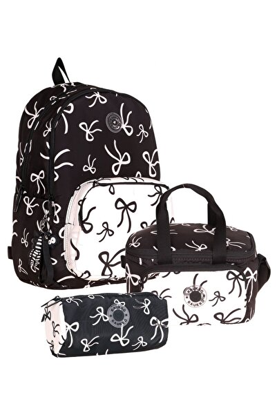 KAUKKO Bow Black - White Girls' Bow Printed Triple School Bag Set - Setkk-K1885A