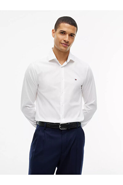 Tommy Hilfiger Erkek Dar Kesim Organik Pamuklu Logo Detaylı Uzun Kollu Beyaz ...