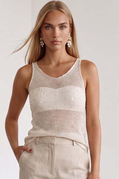 Trend Alaçatı Stili Women's Ecru Glittery Loose Cut Strappy Knitwear Blouse A...