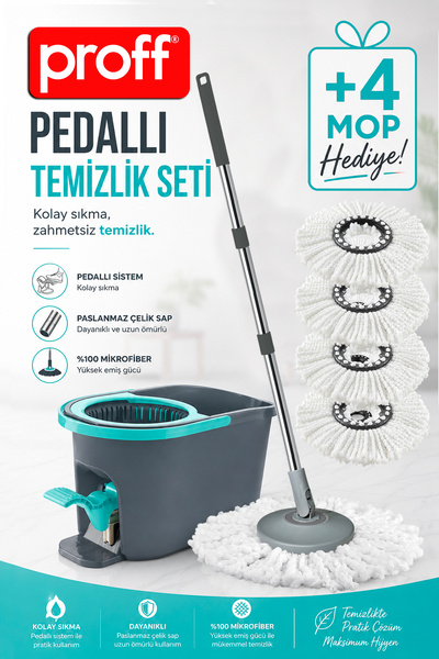 Proff Turkuaz Starex Pedallı Spin Mop Temizlik Seti 4 Yedek Mop Hediyeli