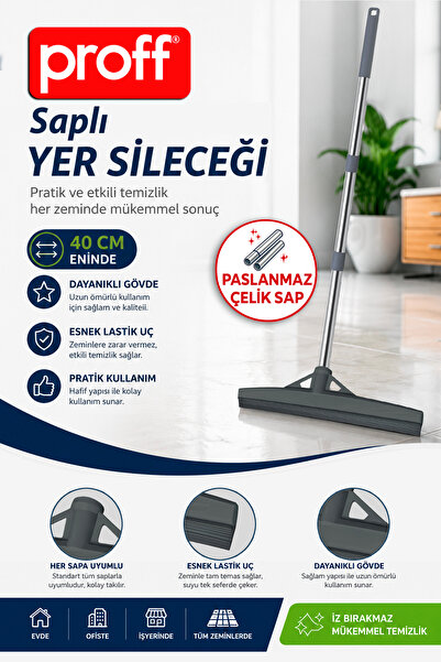 Proff Gri Yer Sileceği ve Paslanmaz Çelik Sap Seti 40 cm Dayanıklı Esnek Last...