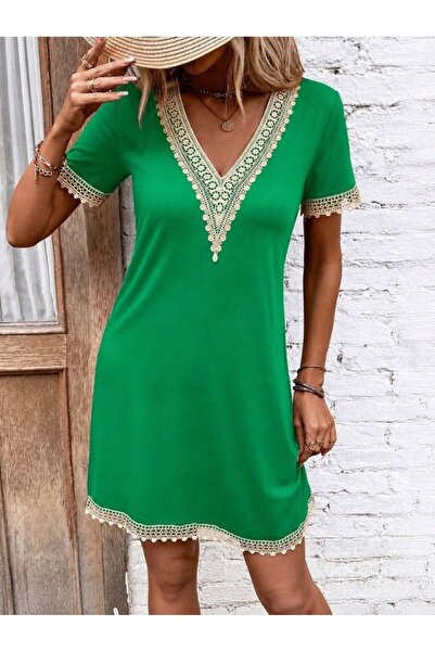 Generic Brand Women's Short Sleeve V Lace Collar Viscose Short Dress