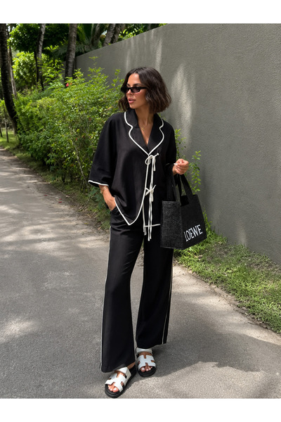 My Blog Black - Natural Viscose Blouse and Trousers Set - 2Y9001