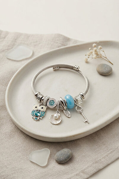 Clariss Silver Color Bracelet with Blue Owl Charm
