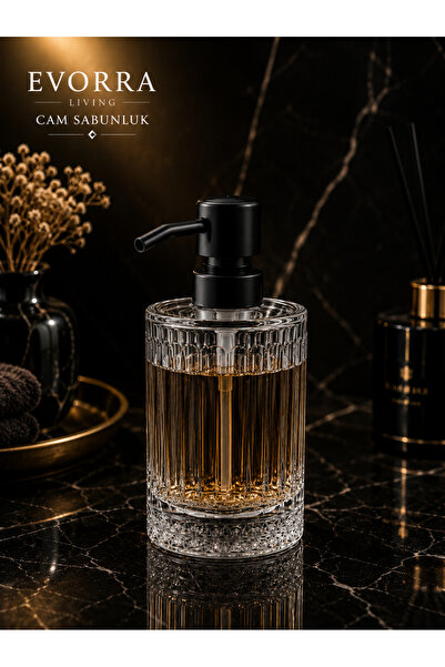 EVORRA LİVİNG Striped Glass Liquid Soap Dispenser 400 ml Glass Soap Dispenser with Black Pump