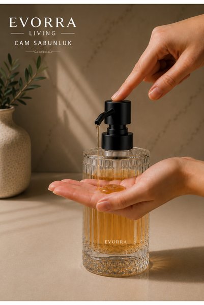 EVORRA LİVİNG Çizgili Cam Sıvı Sabunluk 400 ml Siyah Pompalı Cam Sabunluk