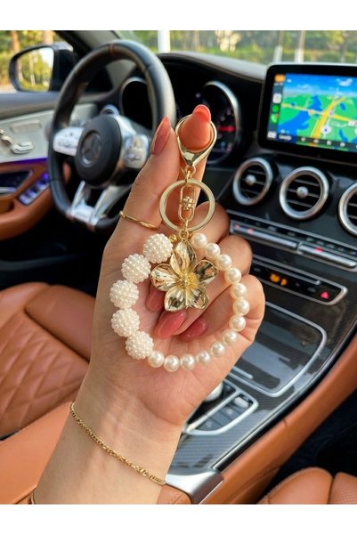 EKİDORA Gold Floral Pearl Blackberry Bag Charm Keychain Bead Detailed Women's Bag Ornament Steel Jewelry