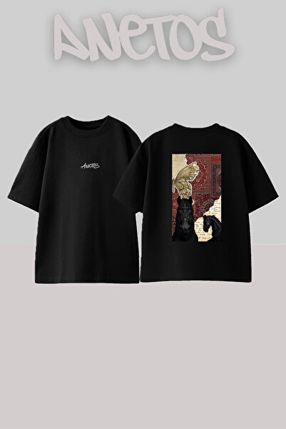 Anetos Horse Butterfly Design Back Printed Cotton Black Oversize T-Shirt