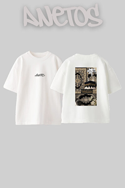 Anetos Kaaba Design Back Printed Cotton White Oversize T-Shirt