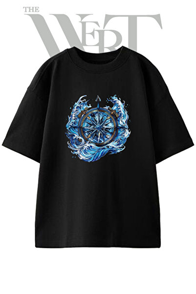 THEWERT Compass Wave Design Printed Unisex Black Oversize T-Shirt