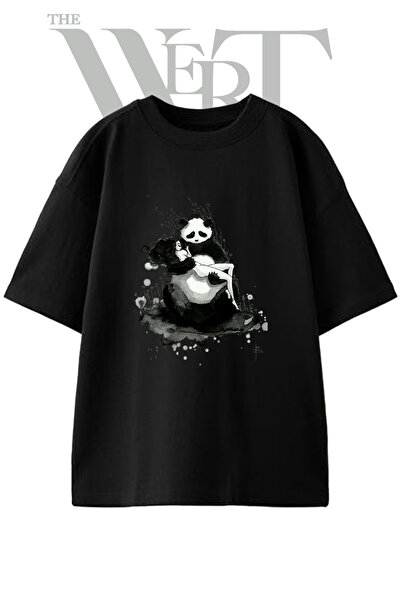 THEWERT Tricou oversize negru unisex cu imprimeu Panda Woman Design