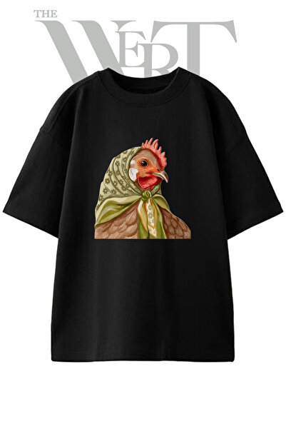 THEWERT Unisex crna oversize majica sa printom dizajna kokoške babuše