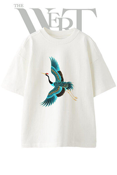 THEWERT Kizil Tacli Turna Design Printed Unisex White Oversize T-Shirt