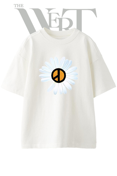 THEWERT Μπλουζάκι με σχέδιο Daisy Peace Sign, τυπωμένο Unisex λευκό oversize