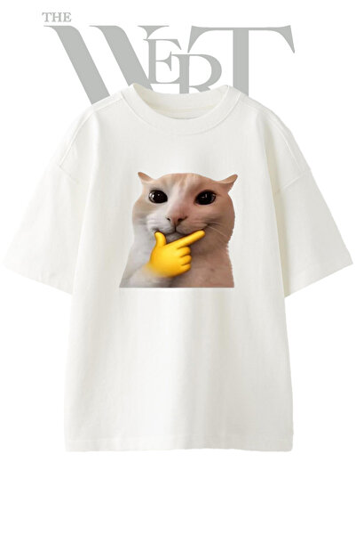THEWERT Thinking Cat Design Printed Unisex White Oversize T-Shirt