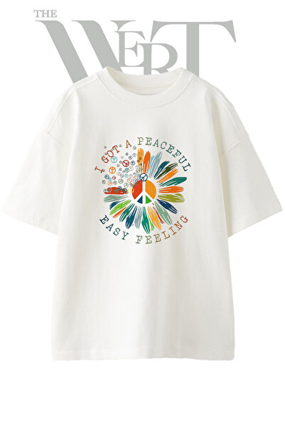 THEWERT Peace Flower Design Printed Unisex White Oversize T-Shirt