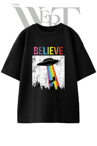 THEWERT UFO Unicorn Believe Design T-shirt, unisex, crna, velika veličina