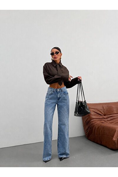 KENE JEANS بنطلون جينز/دينيم واسع الساق بتصميم كامل مسبق الصنع من نوع بوز كار