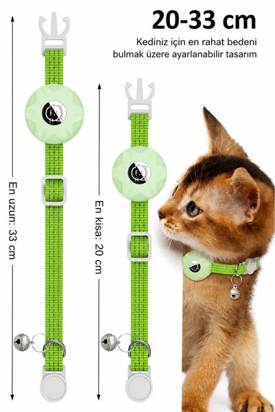 CONOCER Apple AirTag Uyumlu Kedi Tasması Reflektörlü Fosforlu AirTag Kılıflı Zilli Ayarlanabilir Kedi Köpek Boyun Tasması