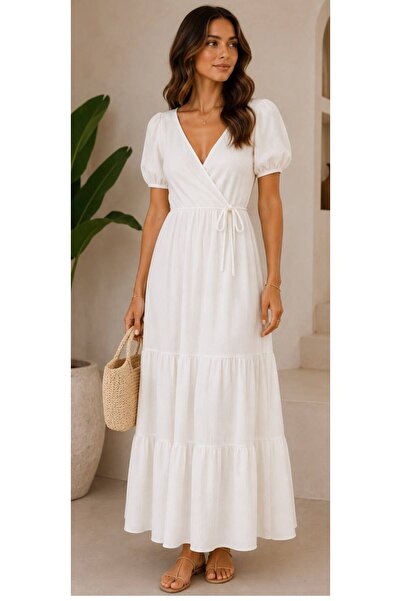 PAYİNİ Busem-Women's White Double-Breasted Collar Belt-Fastened Layered Long ...