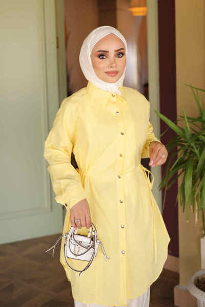 İmajButik Sarı Bel Bağlamalı Düğmeli Tunik