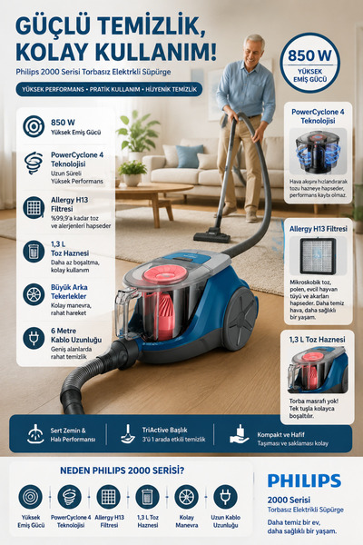 Philips Ekonomik 2000 Serisi Torbasız Elektrikli Süpürge, PowerCyclone 4 Tekn...