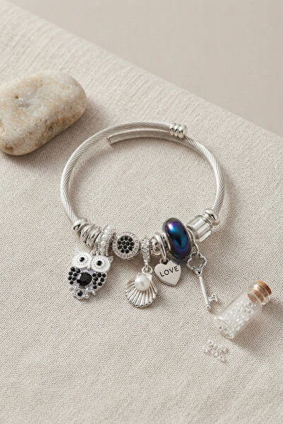 Generic Brand Silver Color Bracelet with Black Owl Charm