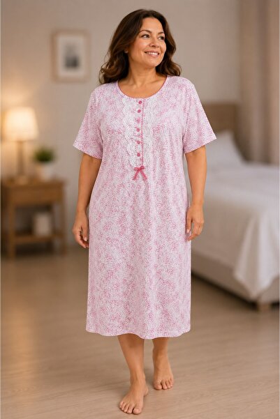 ATINÇ Front Buttoned Straight Cut Cotton Short Sleeve Nightgown